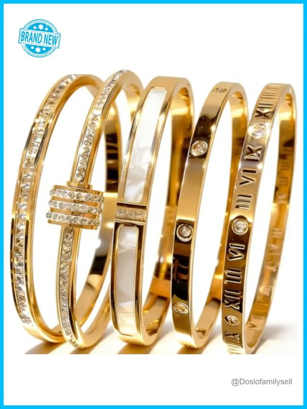 5-Piece Stainless Steel Bangle Bracelet Set, Gold Plated, Classic Stackable